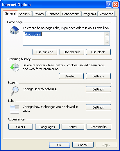IE Internet Options - General Tab
