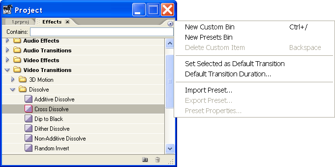 Effects Window Options Menu