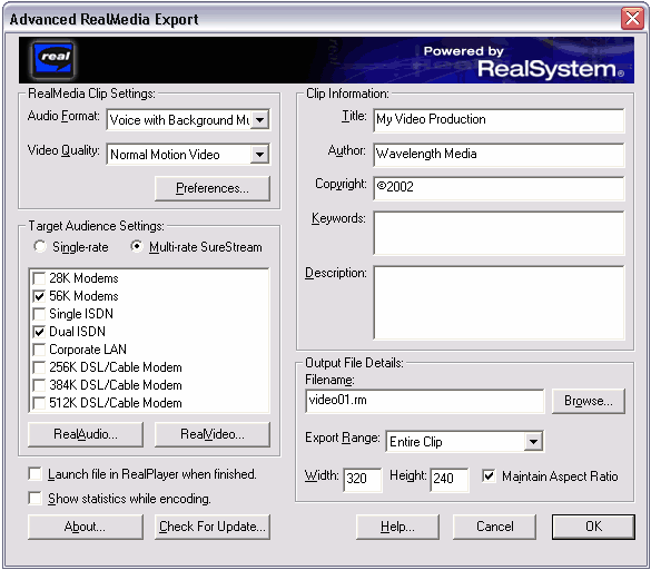 Real Media Export Window