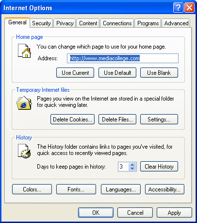 IE Internet Options - General Tab