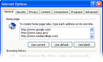 IE Internet Options - Home page URLs