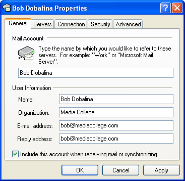 Outlook Express > Tools > Accounts > Properties > General